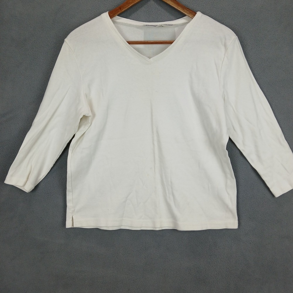 Basic Editions Shirt Womens Large Cream Cotton Knitted Side‎ Slit V Neck Classic